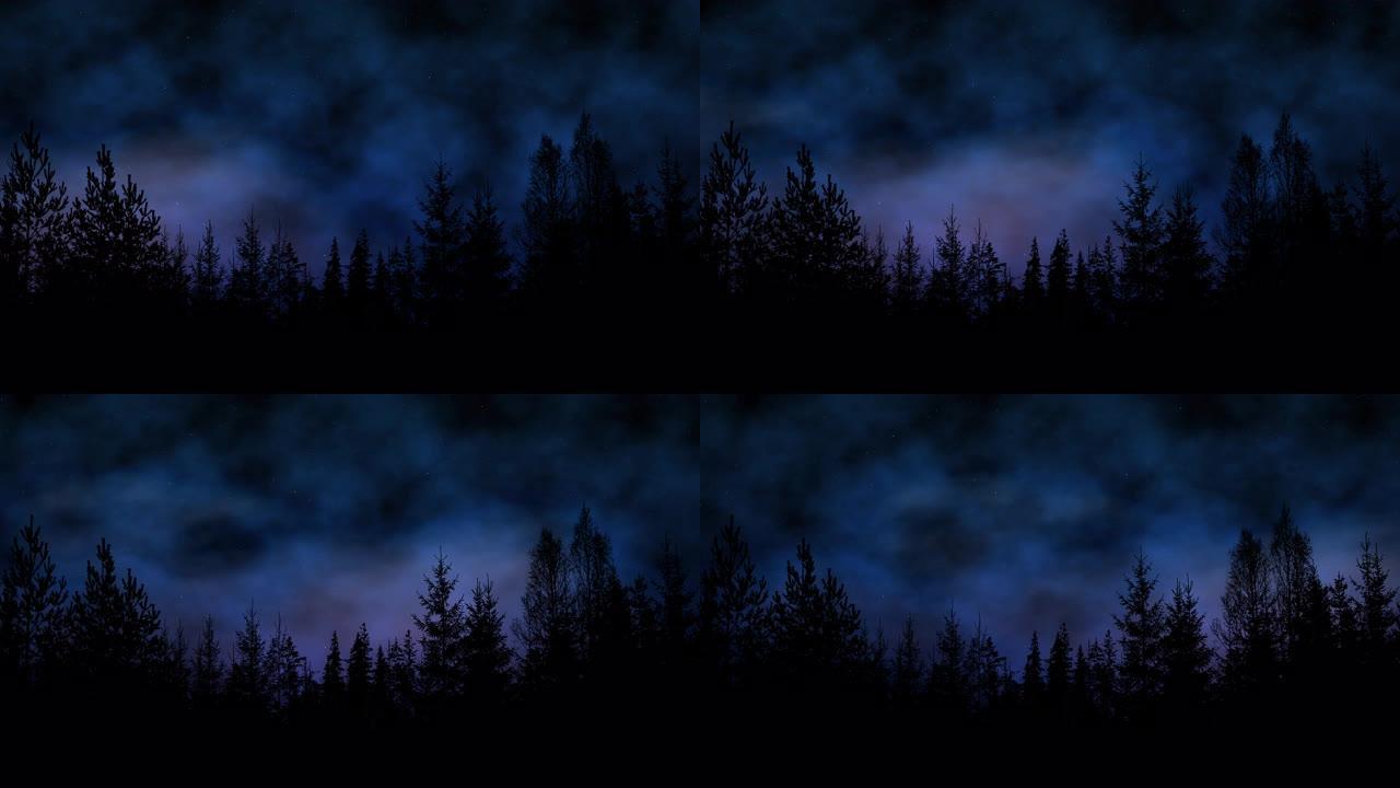 美丽明亮的星空之夜的森林轮廓，薄雾滚滚
