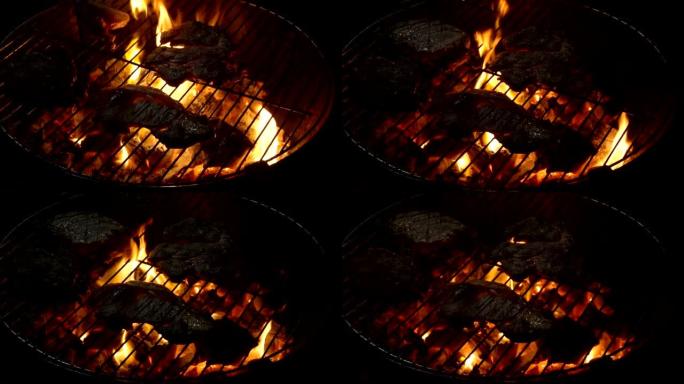 户外派对上火烧热烤架上的混合美式烧烤食物和高档肉。慢动作120fps