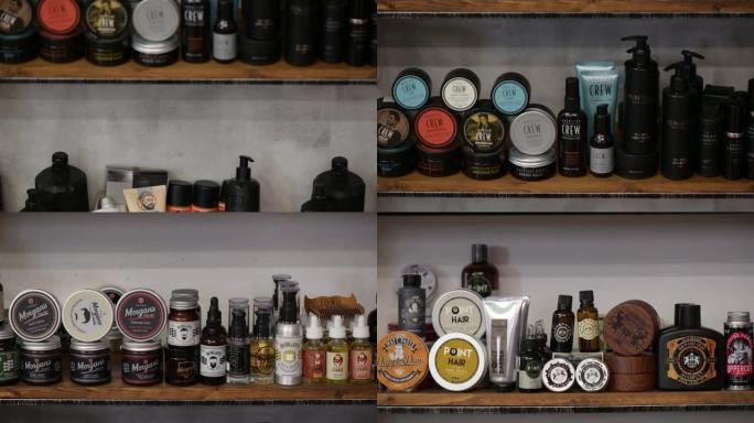 陈列柜货架上各种理发店用品的细节