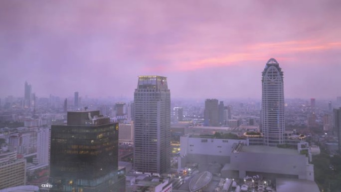 高浓度有毒烟雾的曼谷首都高角度俯视图的延时产业结构，能源消耗和交通方式造成严重的空气污染