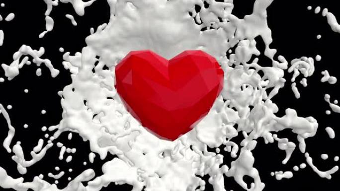 牛奶飞溅的心形几何形状，逼真的天然乳制品，轻松更改您的自定义背景。
