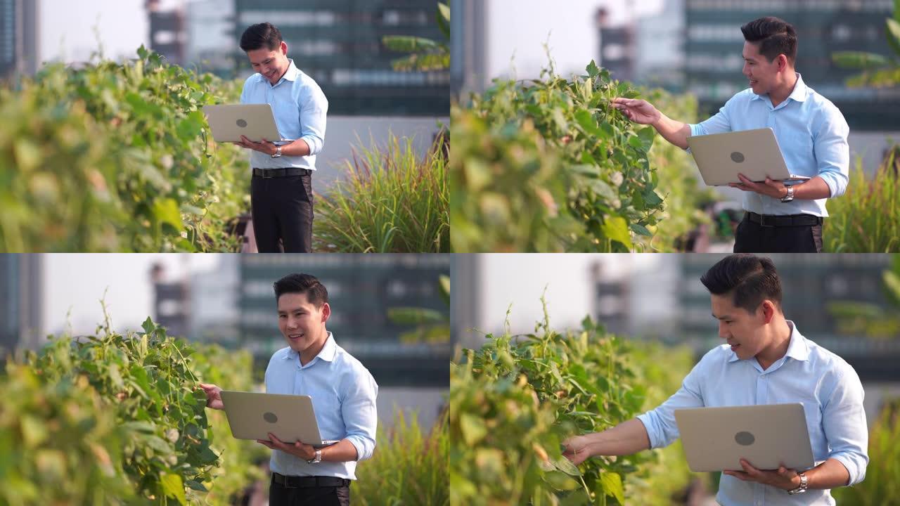 亚洲男子在农场使用人工智能和增强现实来帮助种植系统，节约用水，减少劳动时间
