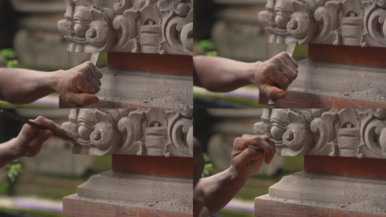 雕刻大师制作巴厘神雕像。巴厘岛,巴厘岛。