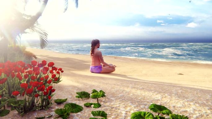 美丽的年轻女子在日出时在海边表演精神瑜伽姿势。荷花姿势的女人坐在沙滩上。