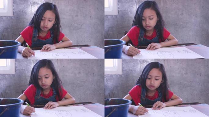 亚洲小女孩在家或小学用铅笔在纸上画画，回到学校和教育理念