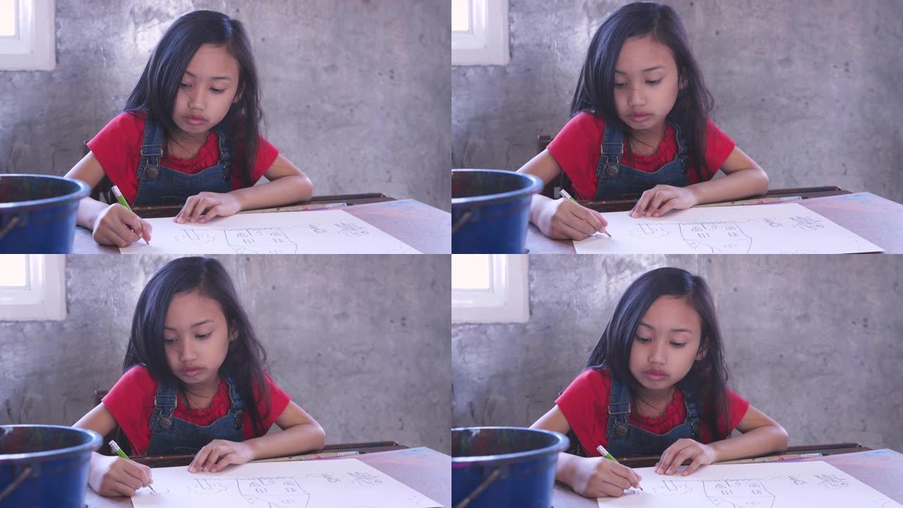 亚洲小女孩在家或小学用铅笔在纸上画画，回到学校和教育理念