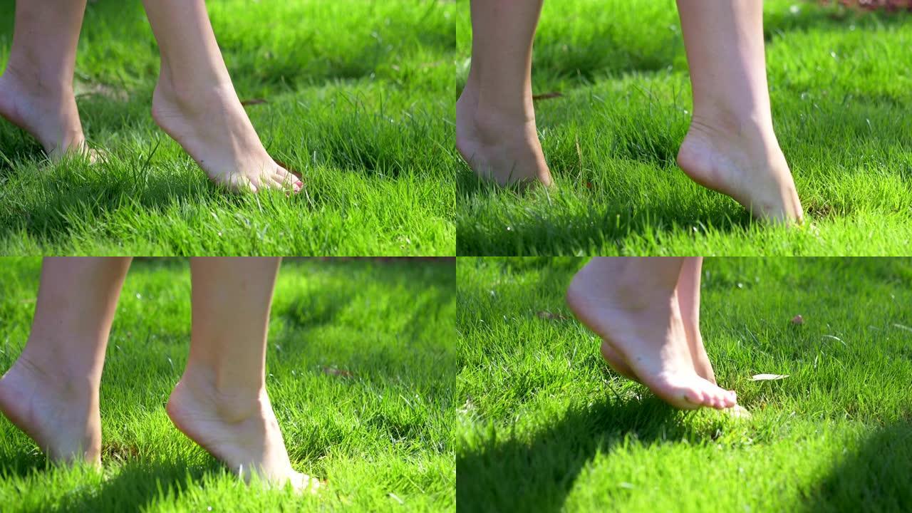 女人的脚在夏天的绿草上行走慢镜头180帧/秒