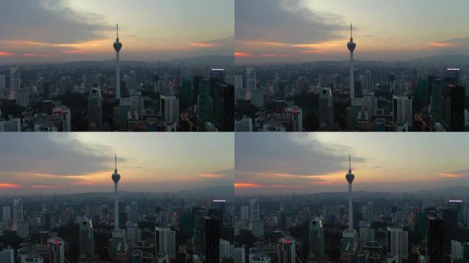 日落天空暮光照明吉隆坡市中心电视塔空中全景4k马来西亚