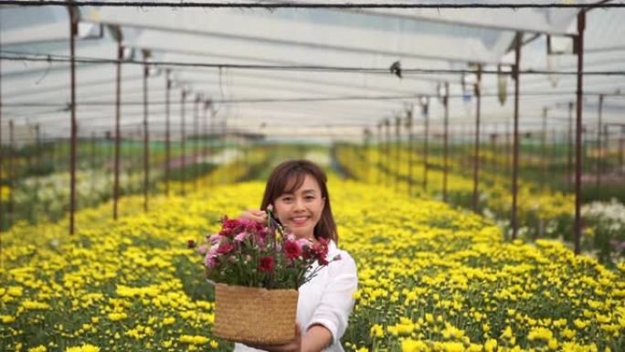亚洲成熟女人在菊花花场的面部表情，展示花篮和姿势欢迎标志