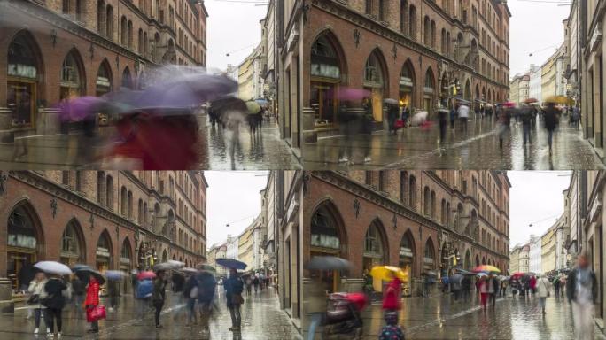 德国慕尼黑下着雨，人们走在购物街上，但游客仍然撑着伞观光