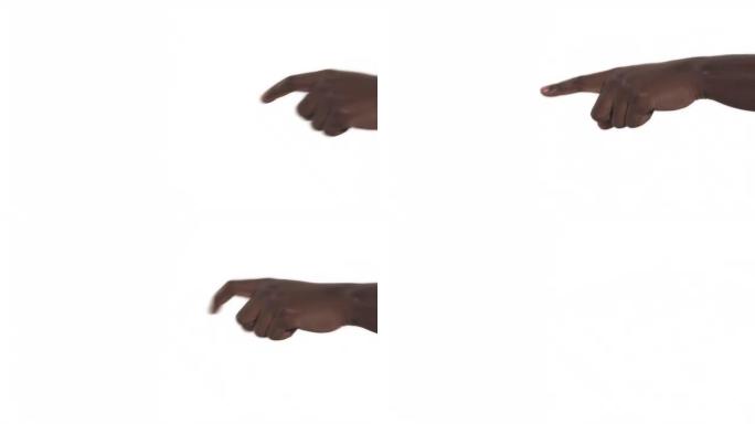 嘿，你的手势。一名非裔美国人用食指指向右边的特写镜头