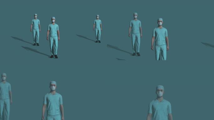 具有3D渲染的4k视频描绘了一小群男护士走路并戴着防护口罩以避免病毒传播。