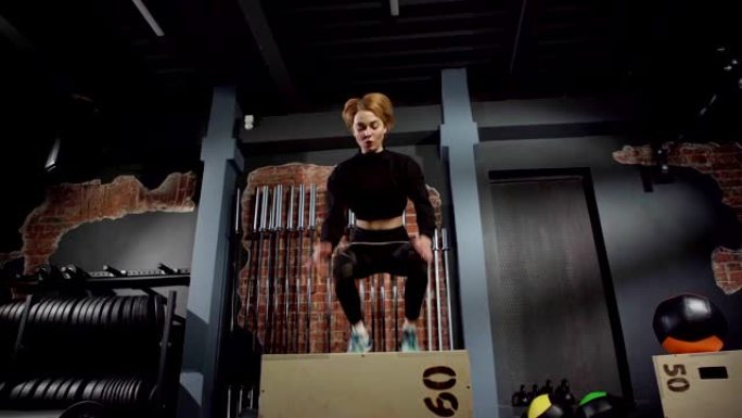 健身房交叉训练时，坚定健康的短发年轻女子在盒子上跳跃的低角度前视镜头
