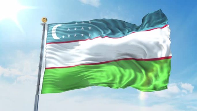 乌兹别克斯坦国旗在深蓝色的天空中迎风飘扬。国家主题，国际理念。3D渲染无缝循环4K