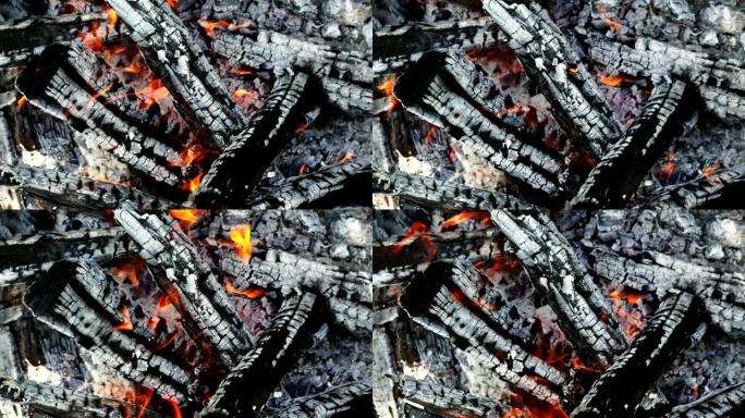 火中燃烧的柴火，煤和灰烬的特写
