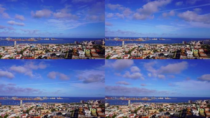Timelapse城市和海洋港口景观，在阳光明媚的日子拍摄，与大加那利岛拉斯帕尔马斯，加那利岛，西班