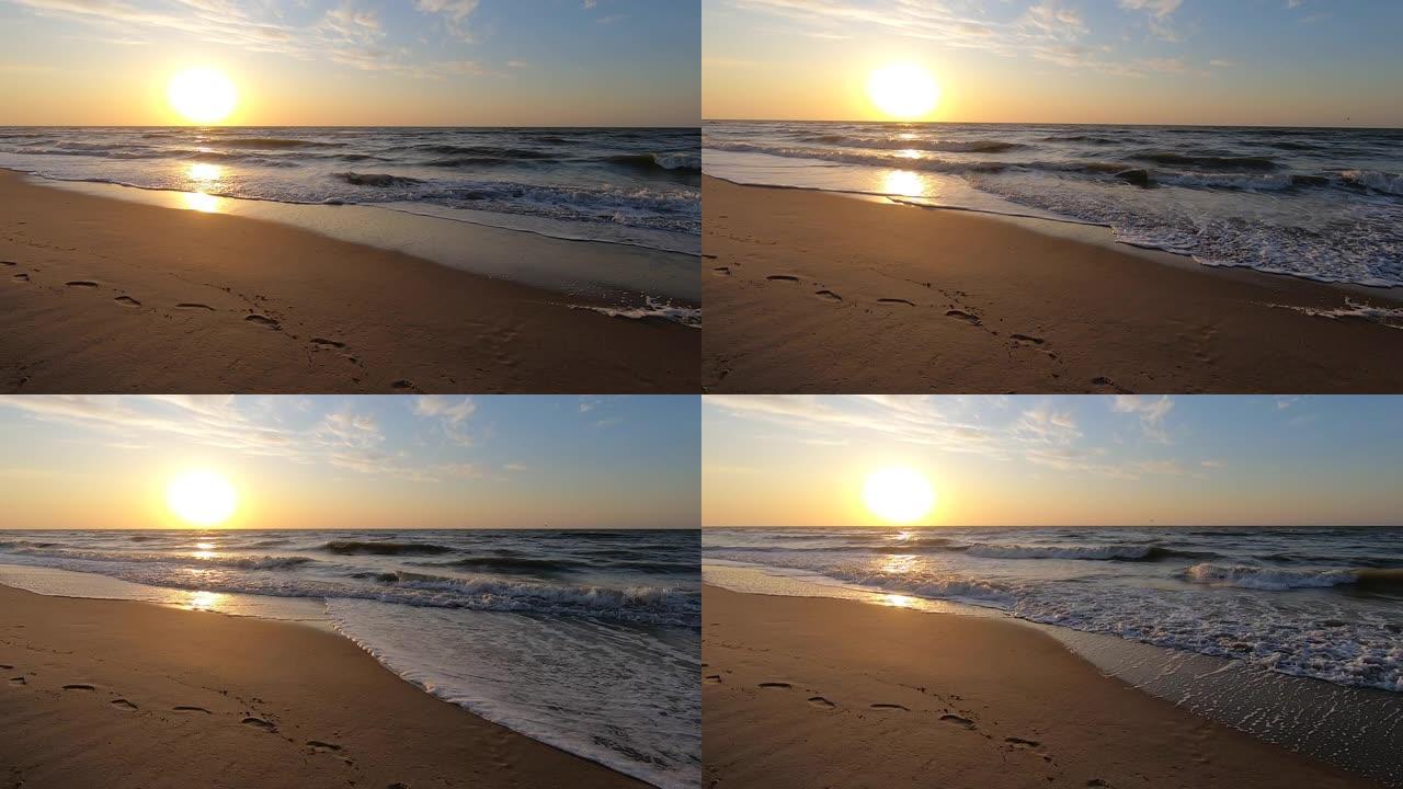 日落日出在海洋中破晓。水和海浪海洋景观