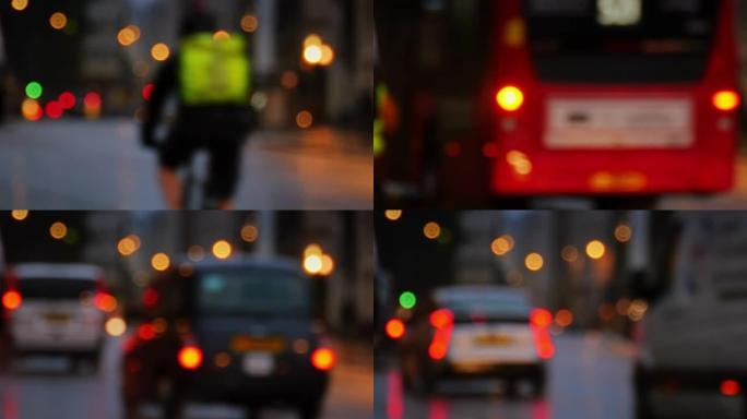 人们在英国伦敦繁忙的城市街道上散步和开车 (相机镜头散焦)。