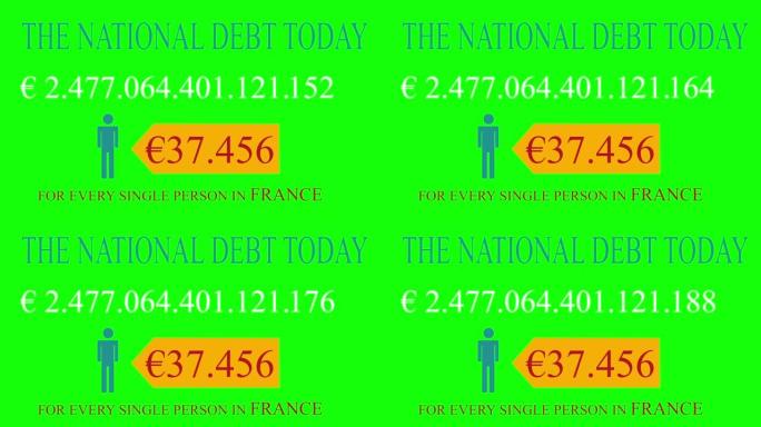 绿色屏幕上的法国国债实时时钟计数器