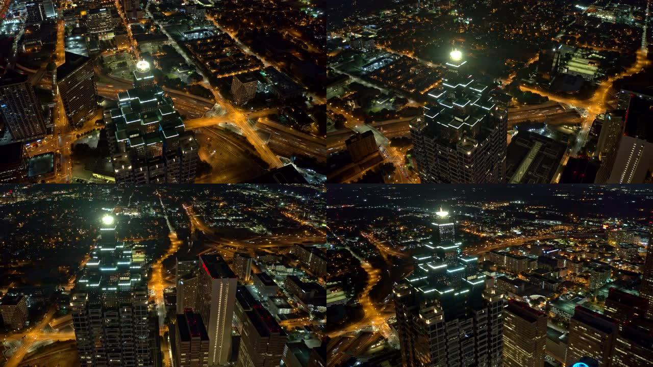 亚特兰大航空v479几乎垂直的摩天大楼全景细节视图，交通在视野中