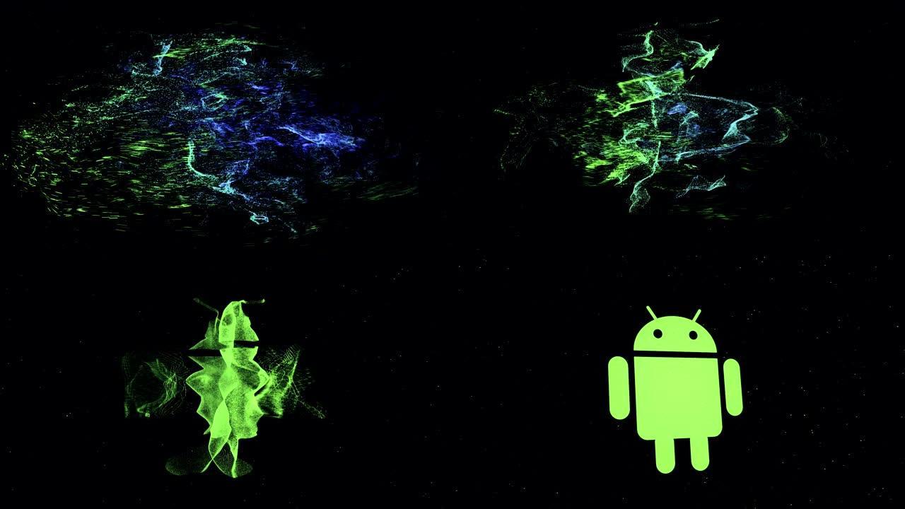 Android的抽象旋转符号，由黑色背景上的绿色小飞粒子制成的徽标。动画。绿色android机器人成