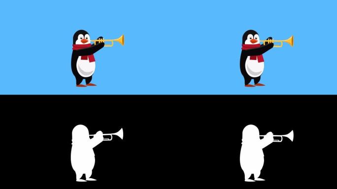 卡通小企鹅扁平圣诞人物音乐播放小号动画带哑光