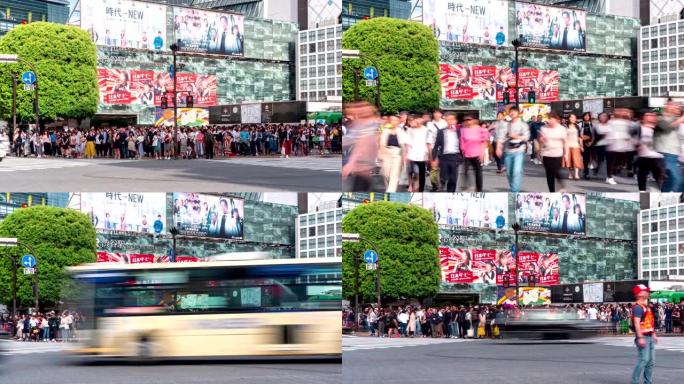 4k延时: 旅行者行人拥挤地走过日本东京涩谷区的人行横道。
