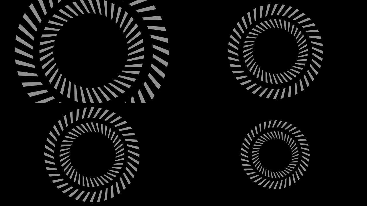 具有频闪和催眠效果的黑白图形对象，顺时针旋转，以16:9视频格式从全屏减小到中央消失