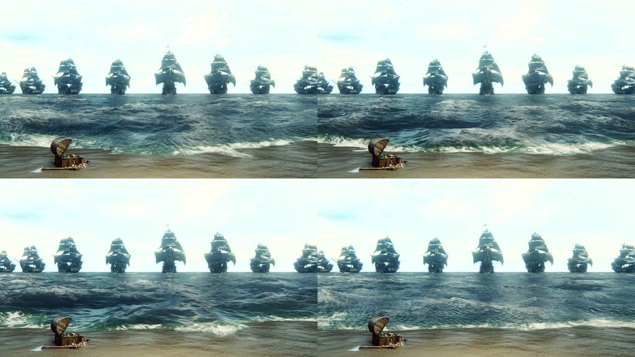 中世纪的海盗船停靠在广阔的蓝色海洋中的一个沙质岛屿上。中世纪海上探险的概念。循环动画。