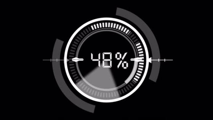 HUD Circle用户界面与0到100百分比数字计数在黑色背景。目标搜索和扫描元素主题。数字用户界