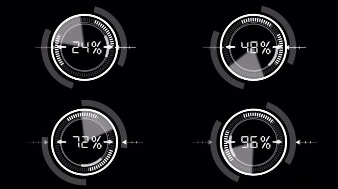 HUD Circle用户界面与0到100百分比数字计数在黑色背景。目标搜索和扫描元素主题。数字用户界