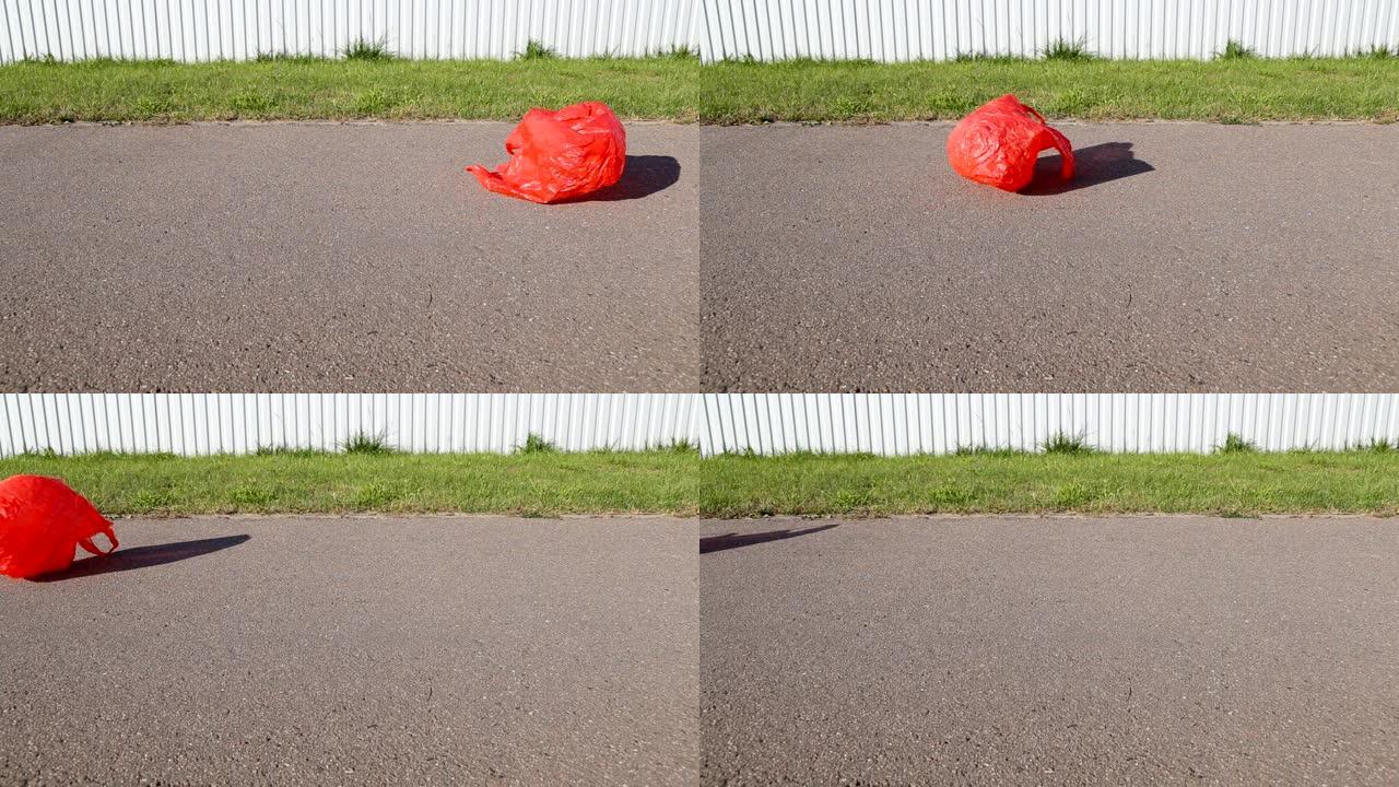 污染概念。塑料袋，在街上迎风飞翔。