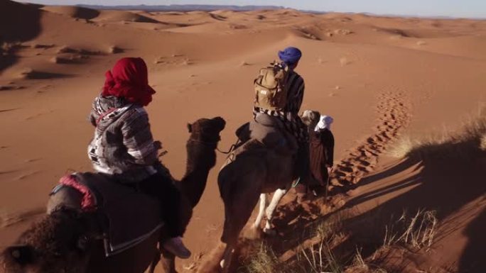 游客享受午后骆驼跋涉进入撒哈拉沙漠的乐趣。
