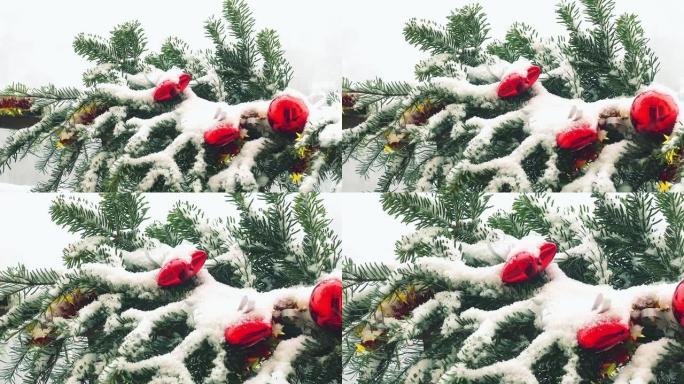 圣诞树的树枝装饰着雪下的玩具。