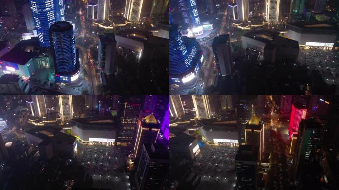夜间南京市市中心著名步行街广场空中俯拍全景4k中国