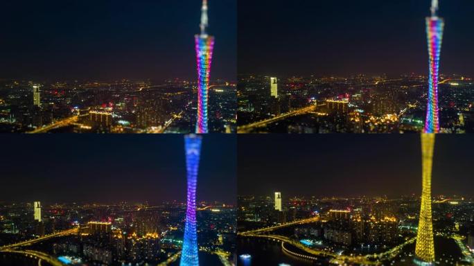 夜间照明著名的贡州市广州塔顶部空中倾斜移位全景4k延时中国