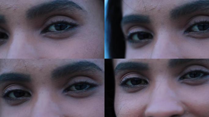 非裔美国年轻女子的脸部，眼睛，嘴巴和细节的特写