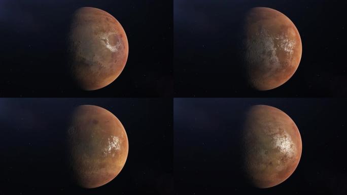 火星行星。从太空看。火星缓慢旋转。行星的大表面被太阳照亮。4K