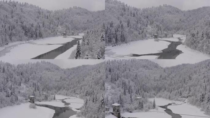 在雪山上方的云层中飞行，在佐治亚州拍摄，Tkibuli，Nakerala pass与无人机4k