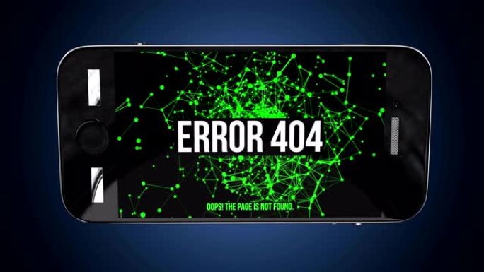 智能手机与页面未找到错误404。抽象网络移动背景。黑色背景上由线连接的绿色点。