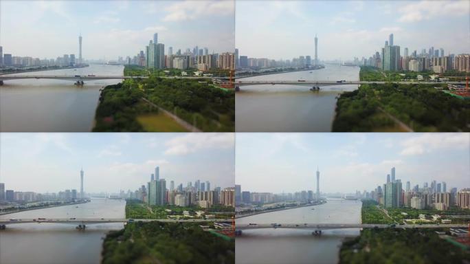 白天时间广州市珠江空中全景倾斜移位4k中国