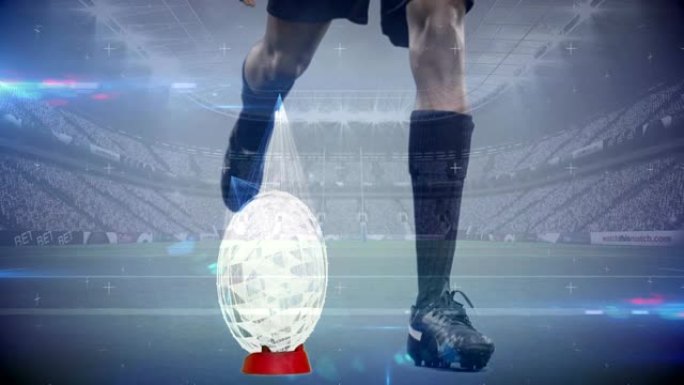 橄榄球运动员在整个体育场内用动画玻璃碎片踢足球