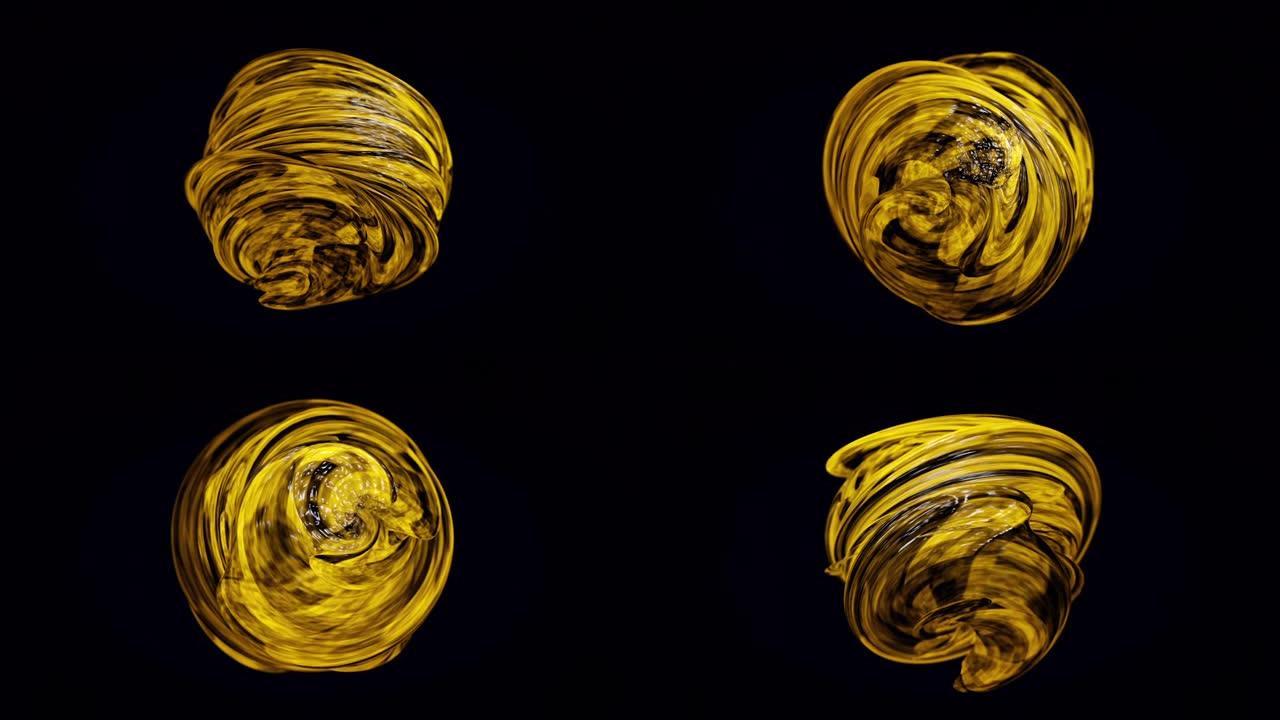 塑料线的3D圈。动画。由塑料线缠绕的抽象3D球在黑色背景上旋转。塑料线条的3D纹理球体让人联想到蜂蜜