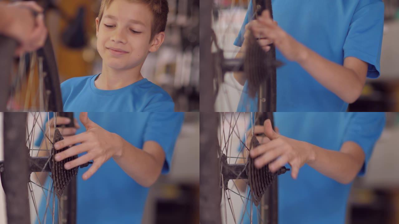 微笑的十几岁的男孩在自行车商店旋转自行车车轮