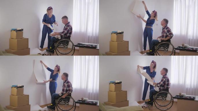 家庭维修，心爱的残疾人坐在轮椅上，年轻漂亮的妻子在维修过程中选择新卧室内部的壁纸