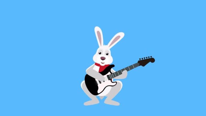 卡通小圣诞兔子平角色玩电吉他动画与哑光