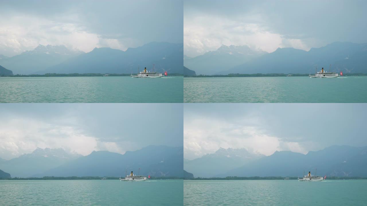 日时间蒙特勒市著名日内瓦湖著名渡船交通慢动作全景4k瑞士
