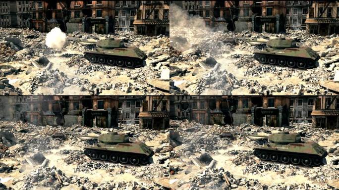 古老的传说中的t 34坦克在被摧毁的城市射击的废墟上。逼真的3D动画。