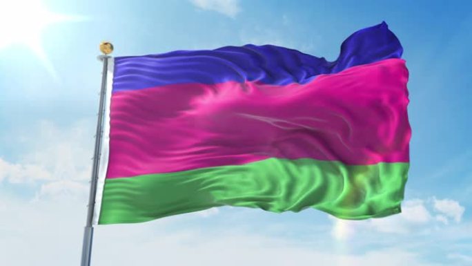 库班人民共和国的国旗在深蓝色的天空中迎风飘扬。国家主题，国际理念。3D渲染无缝循环4K