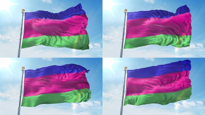 库班人民共和国的国旗在深蓝色的天空中迎风飘扬。国家主题，国际理念。3D渲染无缝循环4K